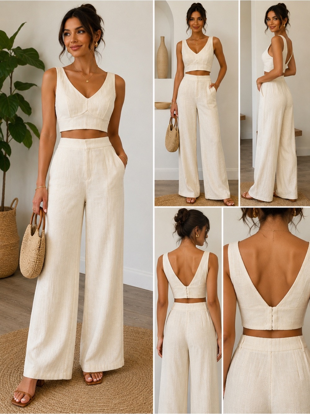 SHEIN Women’s 2-Piece Cream Textured Crop Top & Wide Leg Pant Set – Size 6